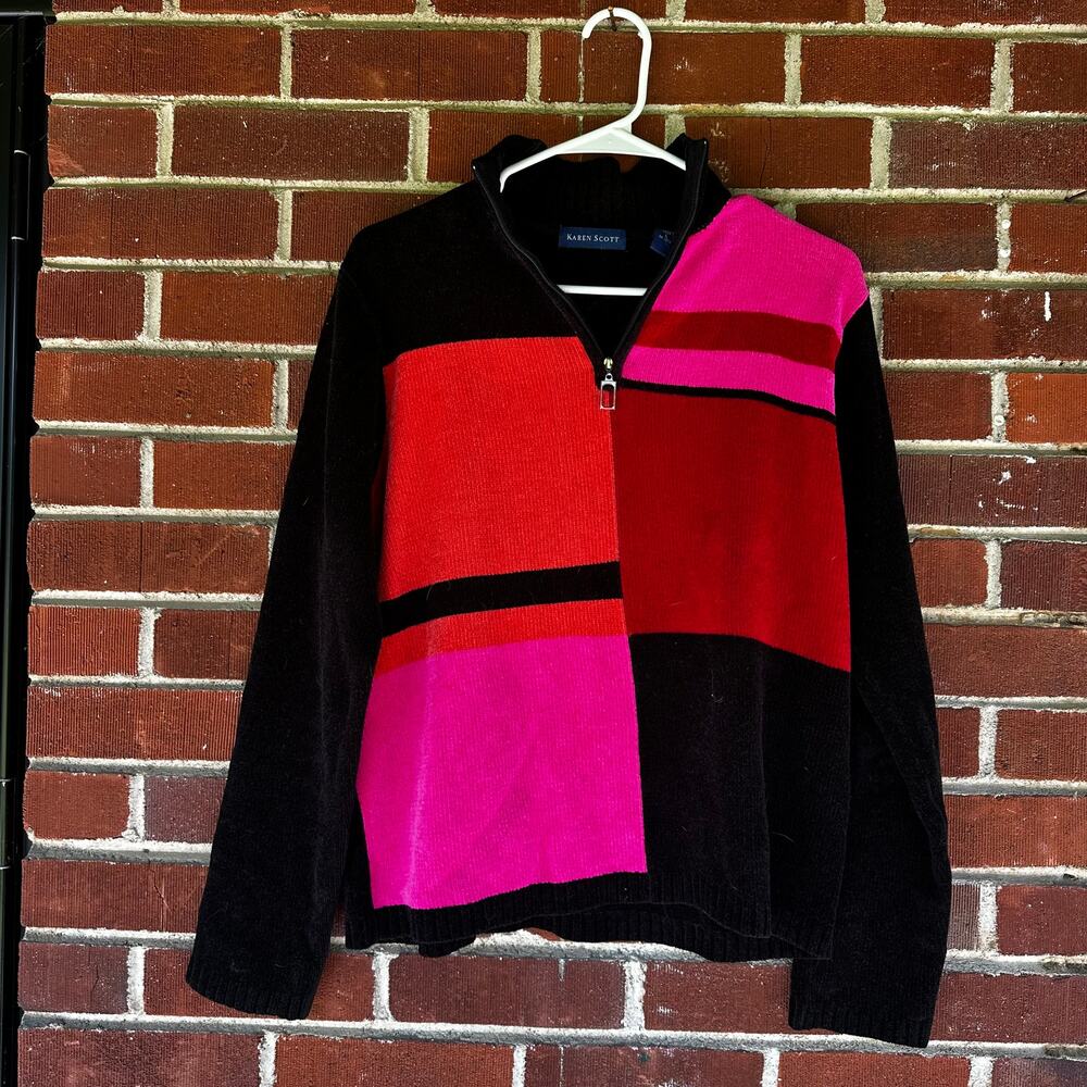 Karen Scott Colorblock Quarter Zip Sweater Pink Red Black Retro Pullover